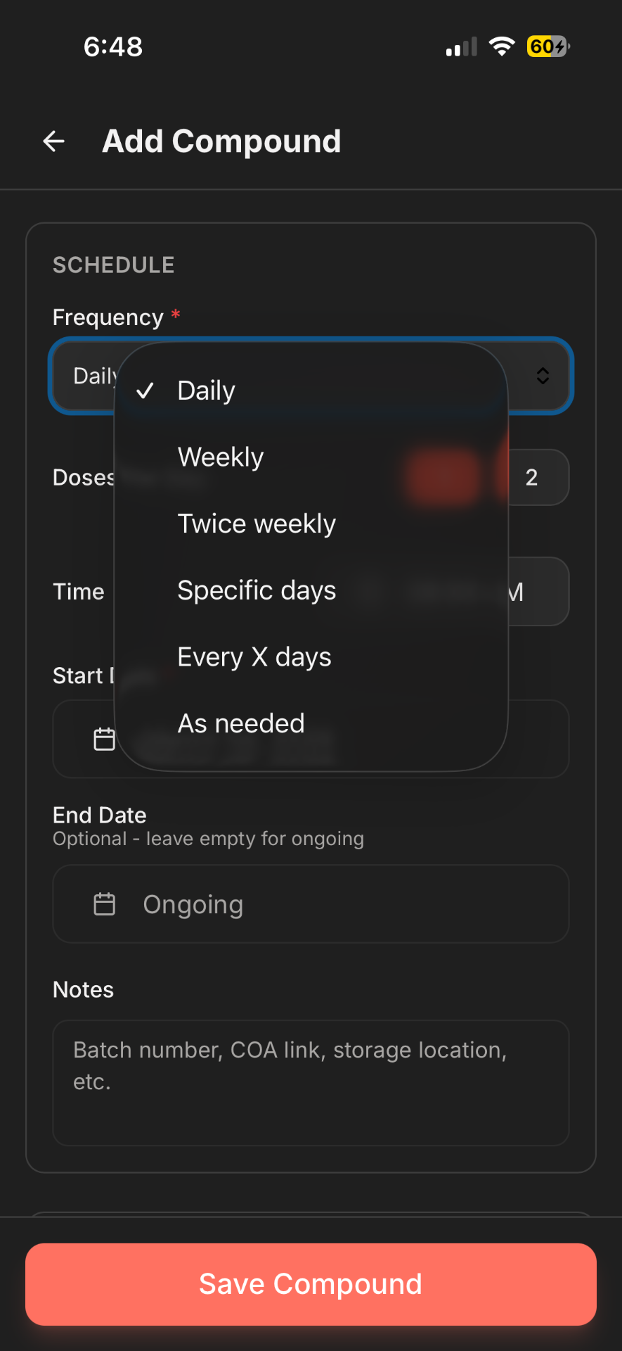 Regimen app showing custom frequency settings for split-dose protocols