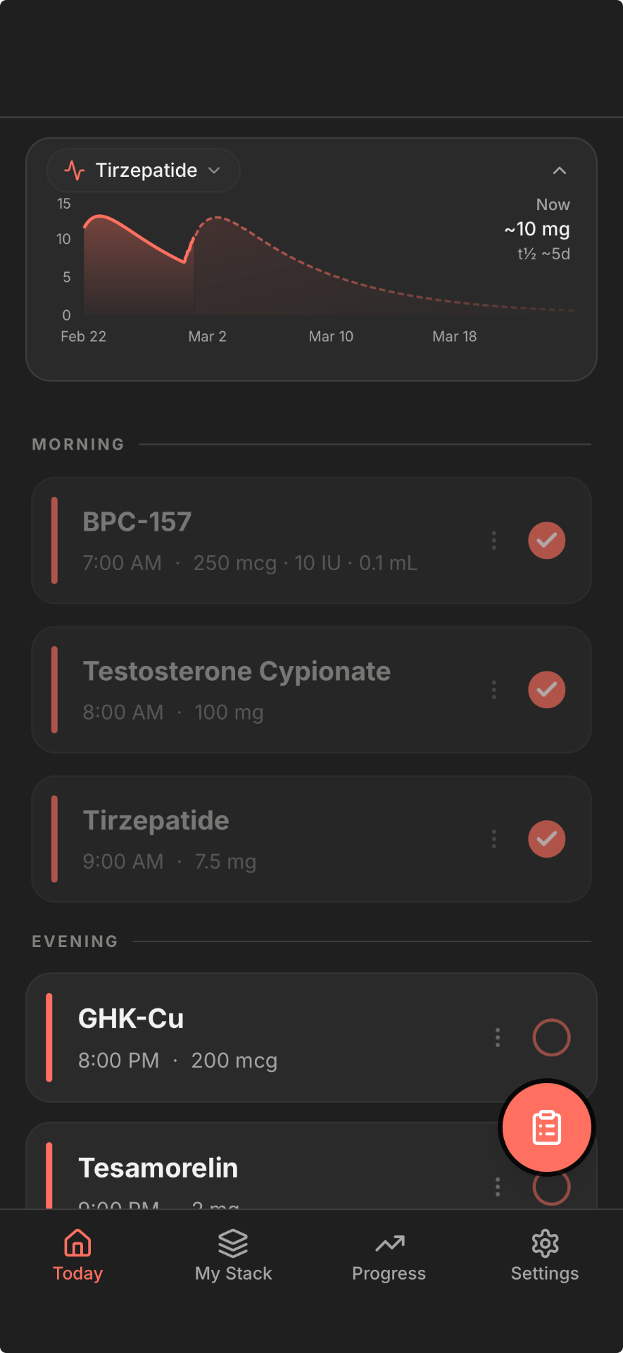 Regimen app today view showing completed injection with site tracking