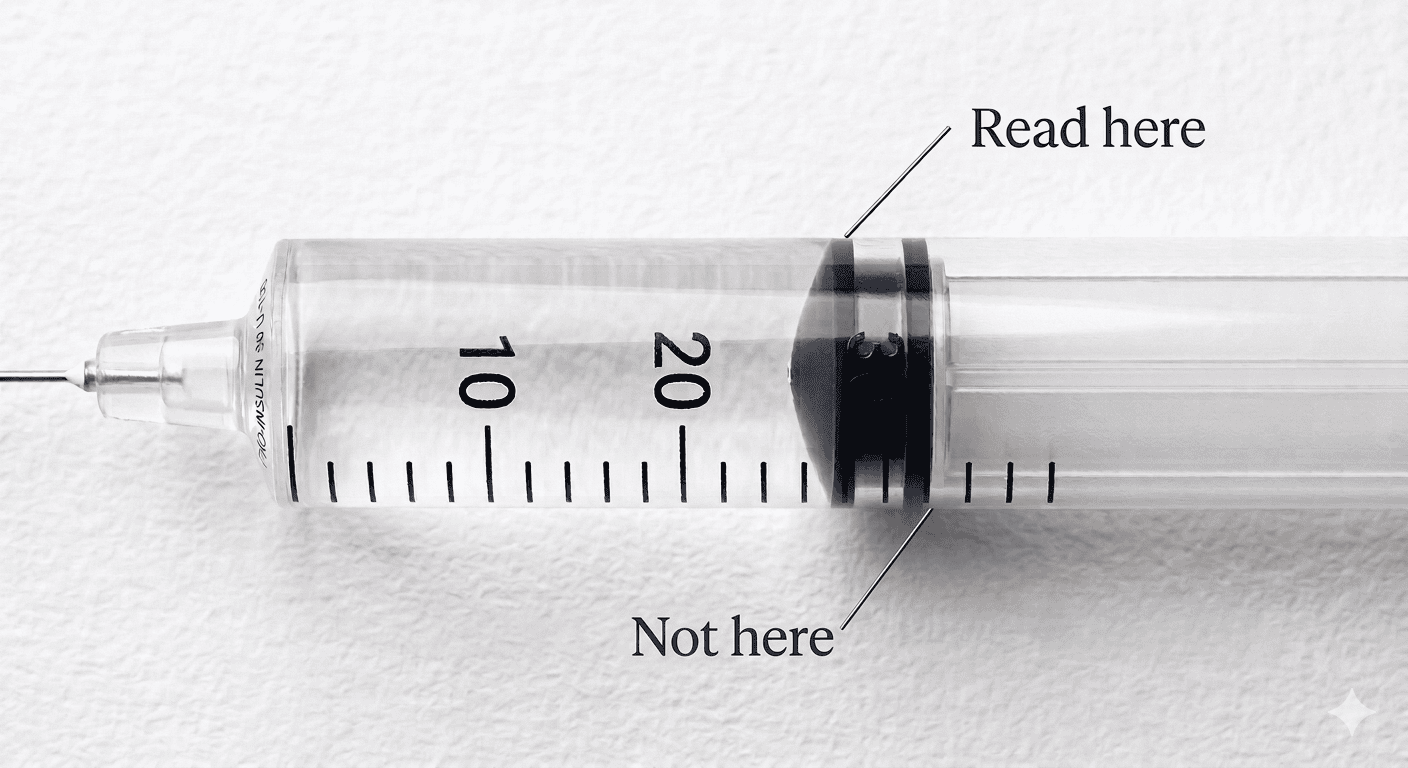 Close-up of insulin syringe showing where to read the measurement at the top edge of the plunger