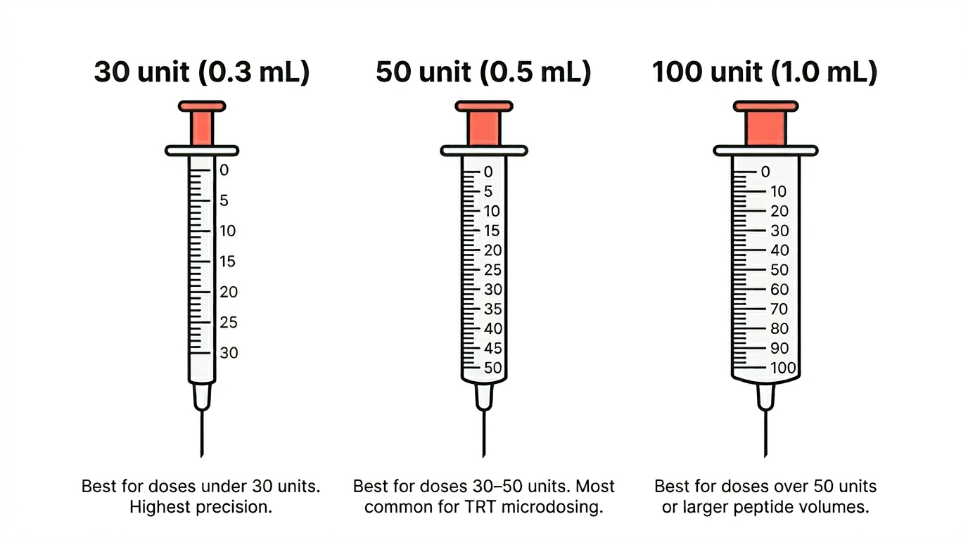 Comparison of 30-unit, 50-unit, and 100-unit insulin syringes showing barrel markings and recommended use cases for TRT and peptide microdosing