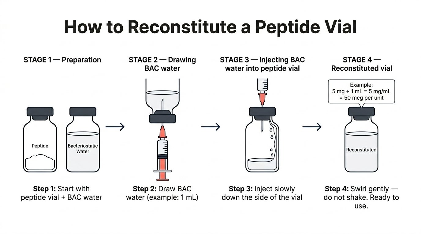 Peptide reconstitution diagram showing how to mix bacteriostatic water into a peptide vial for accurate dosing