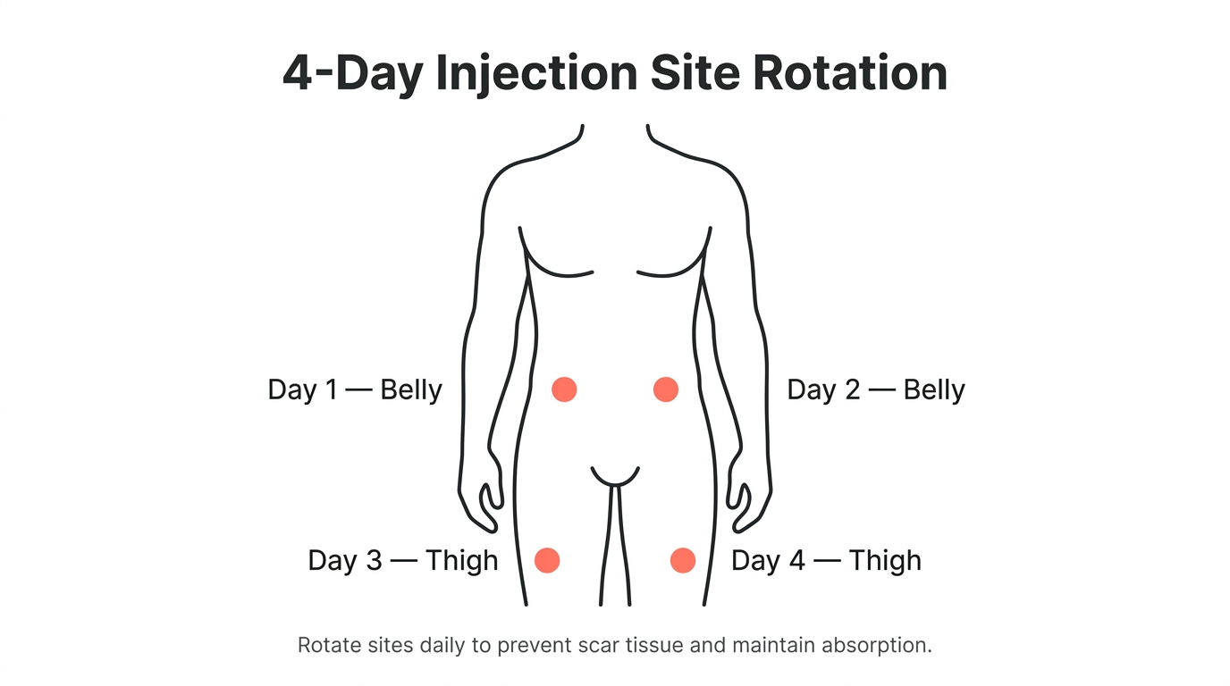 4-day subcutaneous injection site rotation diagram showing two belly sites and two thigh sites for TRT and peptide microdosing